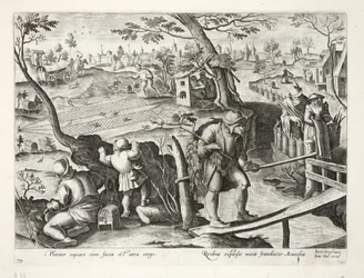 Fågelfångare som fångar starar, illustration från "Venationes, Ferarum, Avium, Piscium" (av jakt: vilda djur, fåglar, fiskar), graverad av Jan Collaert (1566-1628), pub. av Phillipus Gallaeus, Amste